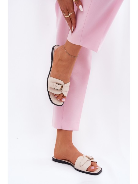 Flat Ladies Sandals With Golden Buckle Beige Esiobb