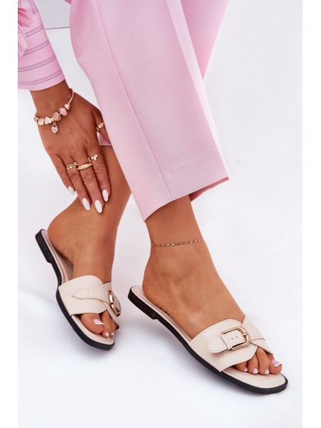 Flat Ladies Sandals With Golden Buckle Beige Esiobb