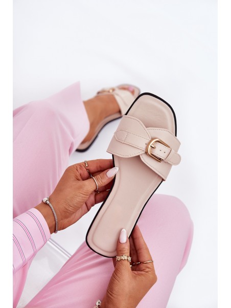 Flat Ladies Sandals With Golden Buckle Beige Esiobb