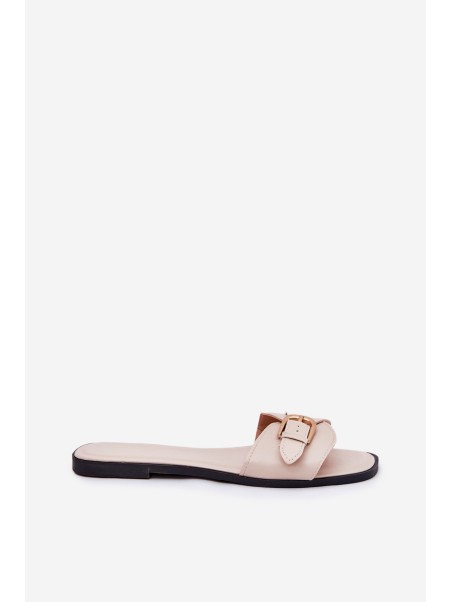 Flat Ladies Sandals With Golden Buckle Beige Esiobb