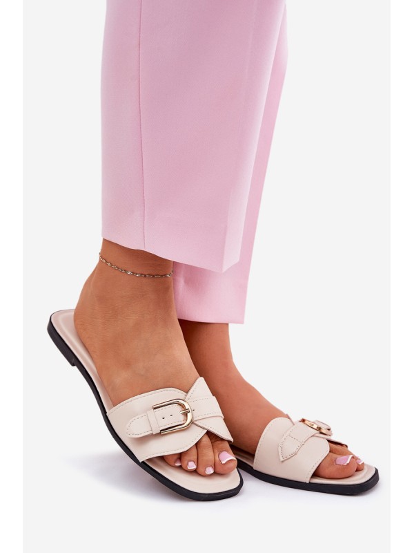 Flat Ladies Sandals With Golden Buckle Beige Esiobb