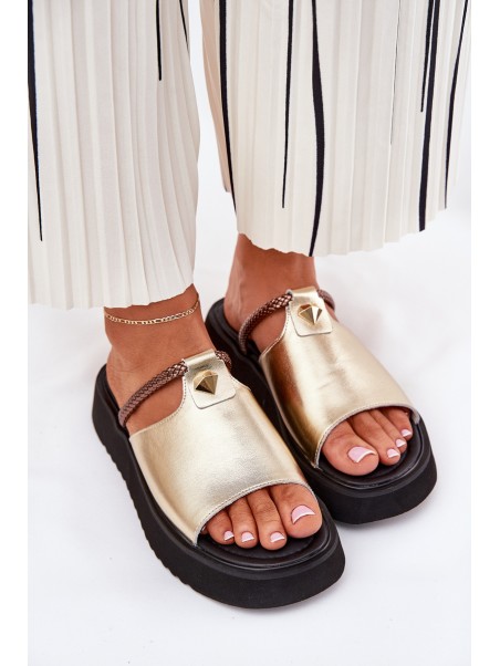 Women's leather sandals on platform with decorative strap D&A MK51-475 Gold