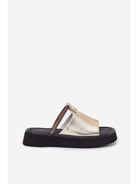 Women's leather sandals on platform with decorative strap D&A MK51-475 Gold