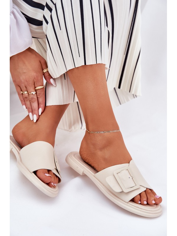 Leather Women's Slippers With Buckle D&A Beige SJ2302-01