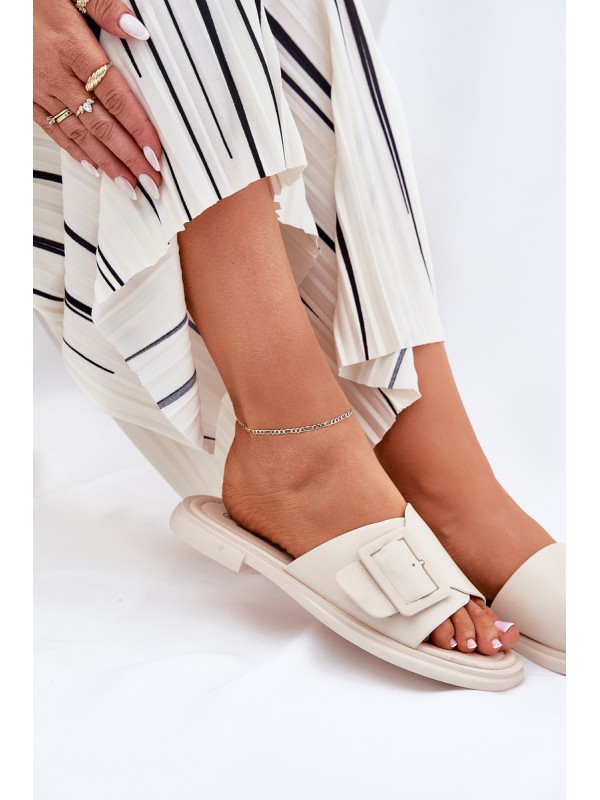 Leather Women's Slippers With Buckle D&A Beige SJ2302-01