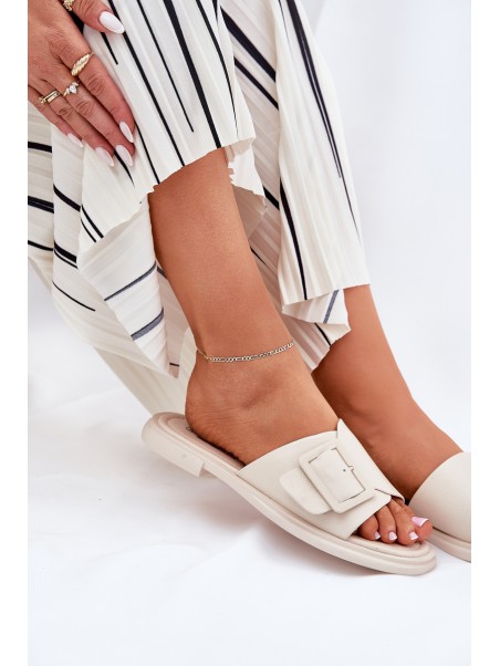 Leather Women's Slippers With Buckle D&A Beige SJ2302-01