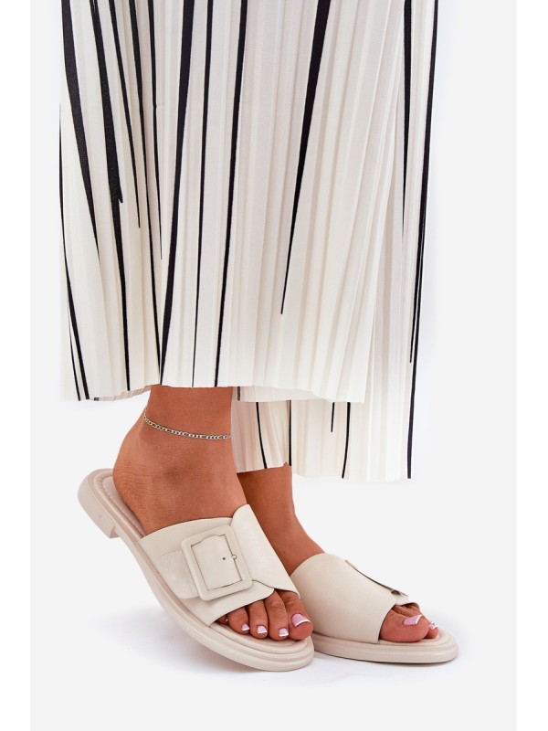 Leather Women's Slippers With Buckle D&A Beige SJ2302-01