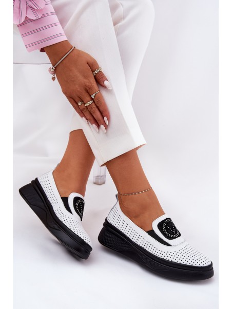 Ladies Leather Moccasins On Platform And Wedge White Vinceza 79522