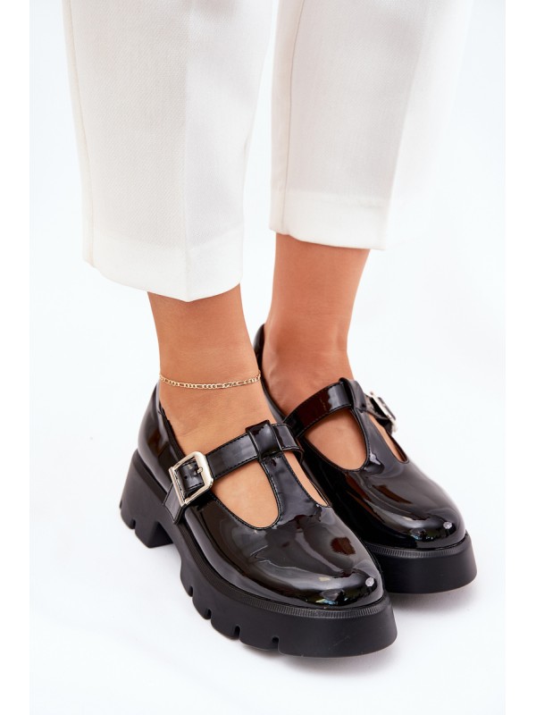 Lacquered Women's Loafers With Buckle On Platform And Flat Heel Black Venda