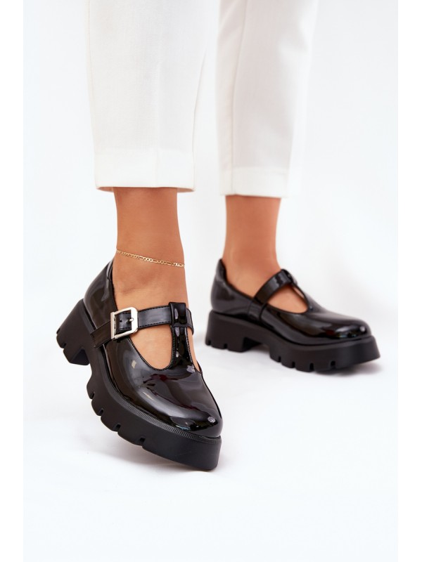 Lacquered Women's Loafers With Buckle On Platform And Flat Heel Black Venda 2