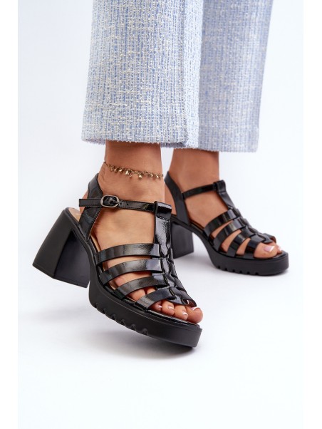 Lacquered Leather Women's Sandals On Heel Black Vinceza 66621