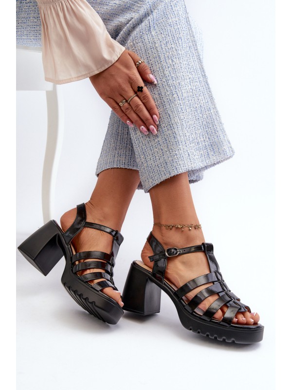 Lacquered Leather Women's Sandals On Heel Black Vinceza 66621 2