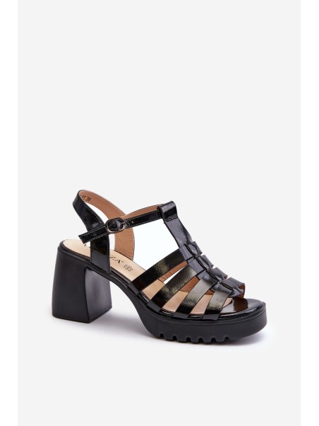 Lacquered Leather Women's Sandals On Heel Black Vinceza 66621