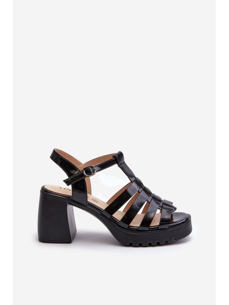Lacquered Leather Women's Sandals On Heel Black Vinceza 66621
