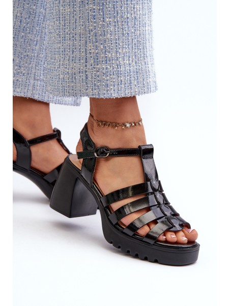 Lacquered Leather Women's Sandals On Heel Black Vinceza 66621