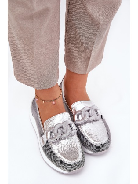 Leather Women's Moccasins With Decoration D&A LR51-966 Silver
