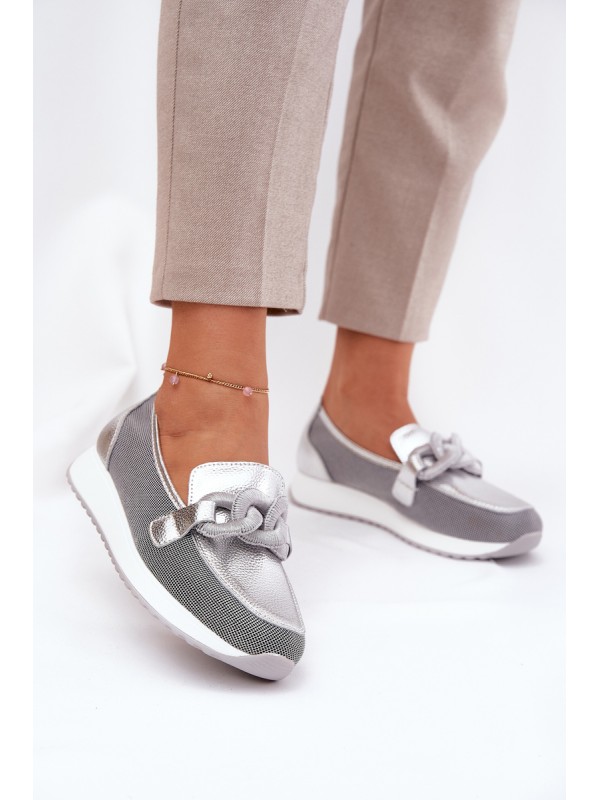 Leather Women's Moccasins With Decoration D&A LR51-966 Silver