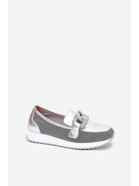 Leather Women's Moccasins With Decoration D&A LR51-966 Silver