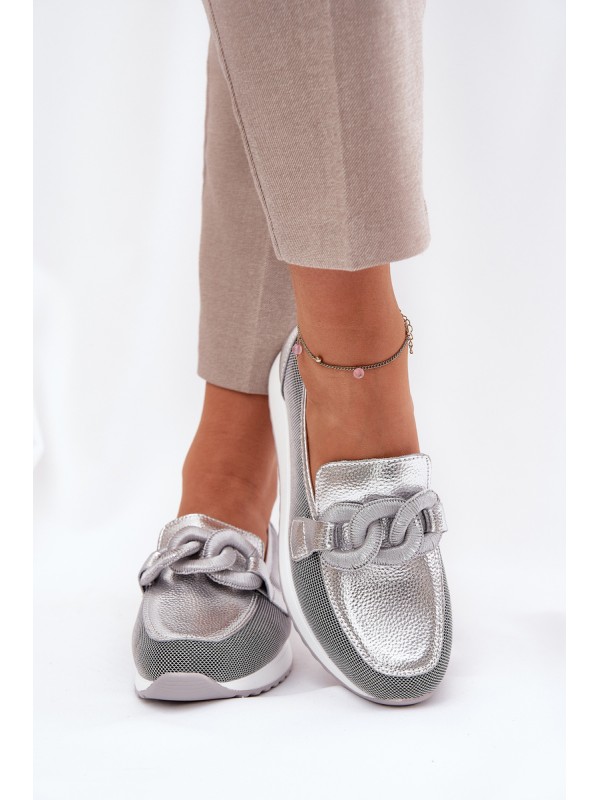 Leather Women's Moccasins With Decoration D&A LR51-966 Silver