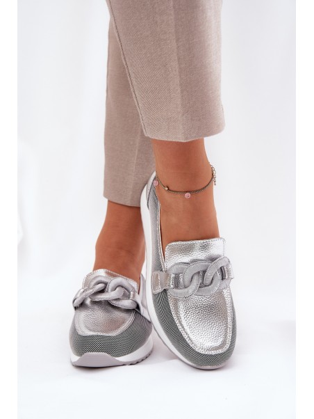 Leather Women's Moccasins With Decoration D&A LR51-966 Silver