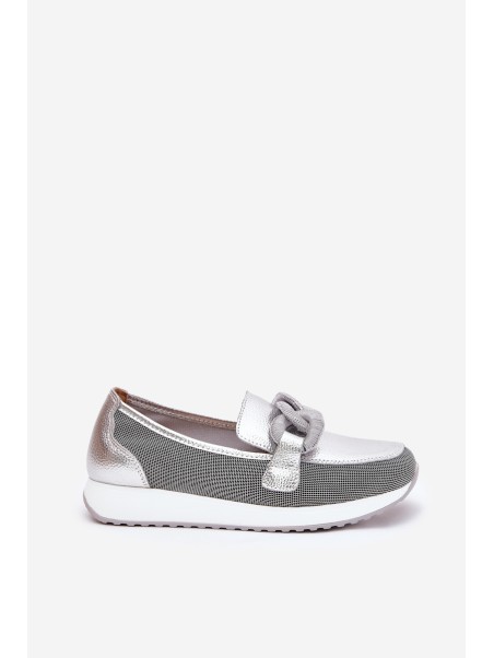 Leather Women's Moccasins With Decoration D&A LR51-966 Silver