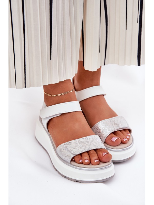 Women's Leather Sandals On Platform And Wedge With Velcro S.Barski LR51-543 Silver