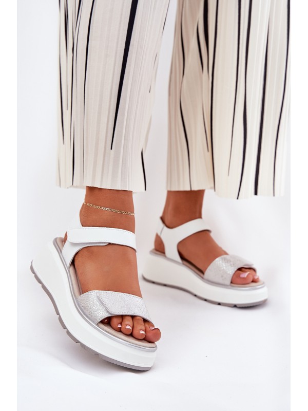Women's Leather Sandals On Platform And Wedge With Velcro S.Barski LR51-543 Silver 2