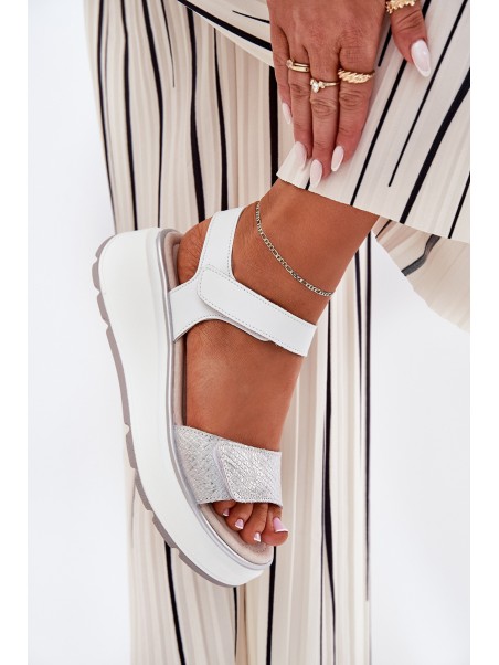 Women's Leather Sandals On Platform And Wedge With Velcro S.Barski LR51-543 Silver