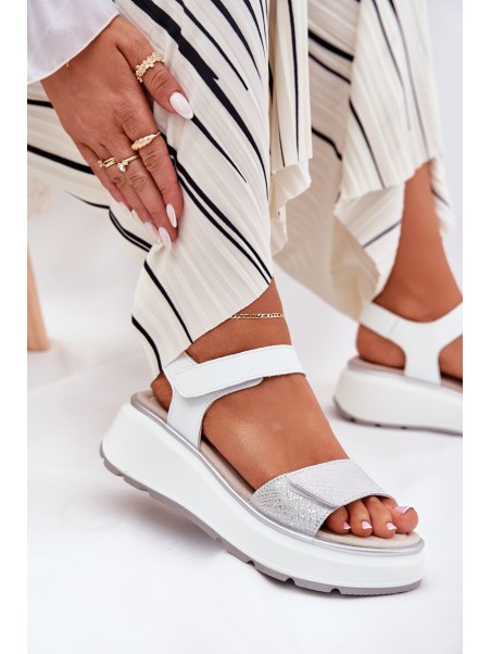Women's Leather Sandals On Platform And Wedge With Velcro S.Barski LR51-543 Silver