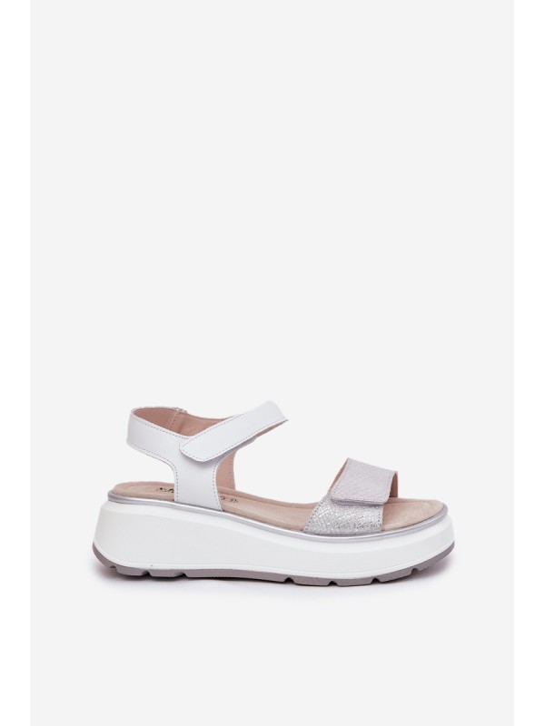Women's Leather Sandals On Platform And Wedge With Velcro S.Barski LR51-543 Silver