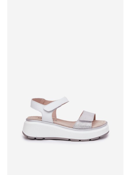 Women's Leather Sandals On Platform And Wedge With Velcro S.Barski LR51-543 Silver