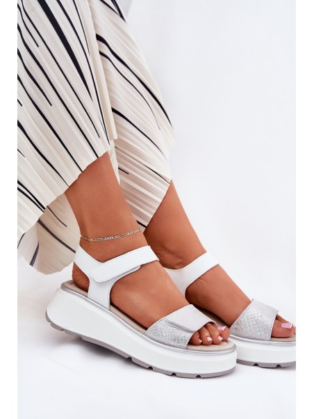 Women's Leather Sandals On Platform And Wedge With Velcro S.Barski LR51-543 Silver
