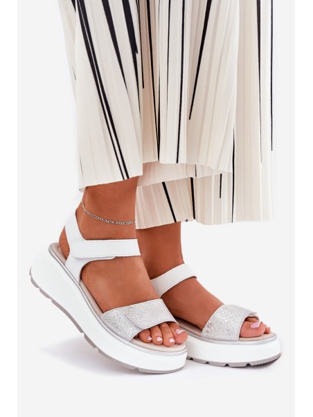 Women's Leather Sandals On Platform And Wedge With Velcro S.Barski LR51-543 Silver