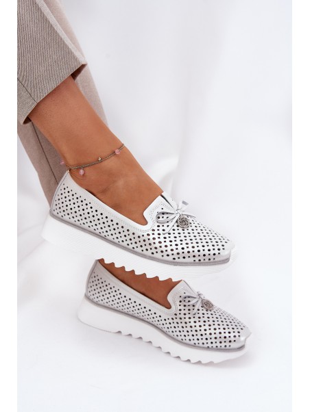 Ladies Leather Cutout Loafers Made Of Natural Leather D&A LR51-631 Silver