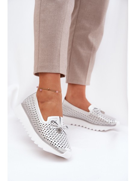 Ladies Leather Cutout Loafers Made Of Natural Leather D&A LR51-631 Silver