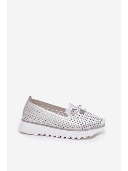 Ladies Leather Cutout Loafers Made Of Natural Leather D&A LR51-631 Silver