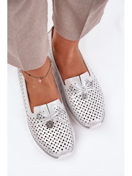 Ladies Leather Cutout Loafers Made Of Natural Leather D&A LR51-631 Silver