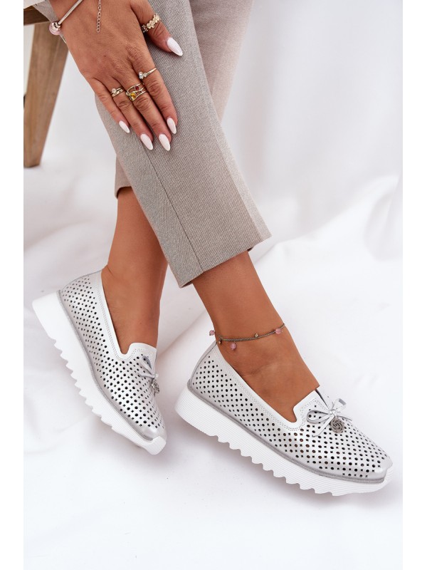 Ladies Leather Cutout Loafers Made Of Natural Leather D&A LR51-631 Silver