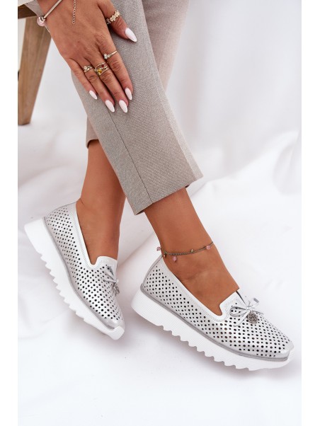 Ladies Leather Cutout Loafers Made Of Natural Leather D&A LR51-631 Silver