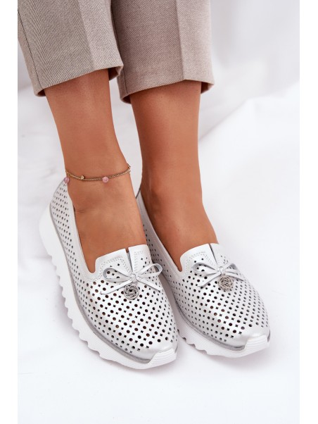 Ladies Leather Cutout Loafers Made Of Natural Leather D&A LR51-631 Silver