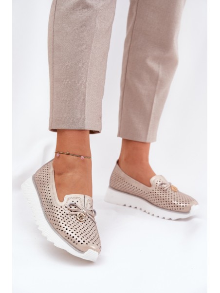 Women's Leather Perforated Shoes Made Of Natural Leather D&A LR51-631 Golden