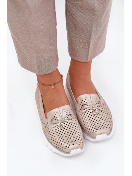 Women's Leather Perforated Shoes Made Of Natural Leather D&A LR51-631 Golden