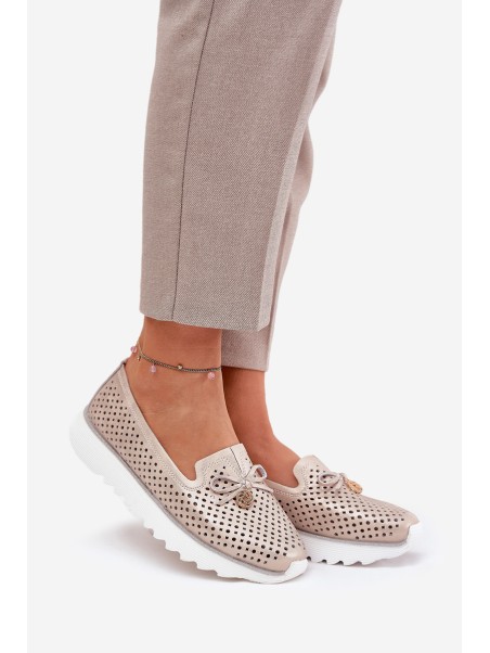 Women's Leather Perforated Shoes Made Of Natural Leather D&A LR51-631 Golden