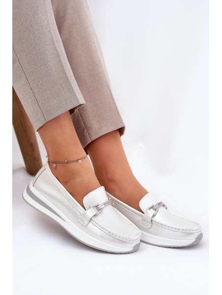 Leather Women's Moccasins With Decoration D&A LR51-966 Silver