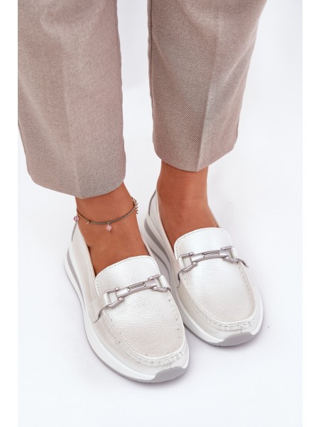 Leather Women's Moccasins With Decoration D&A LR51-966 Silver