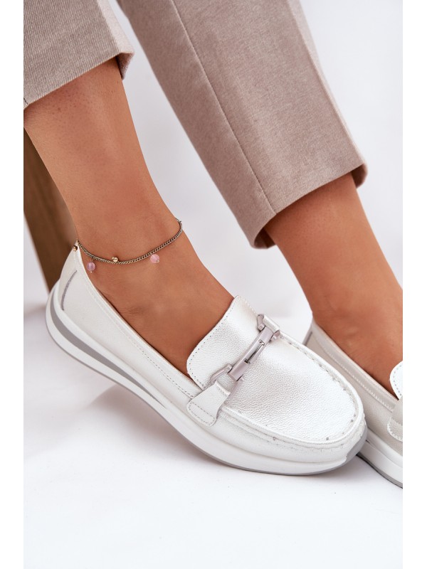 Leather Women's Moccasins With Decoration D&A LR51-966 Silver