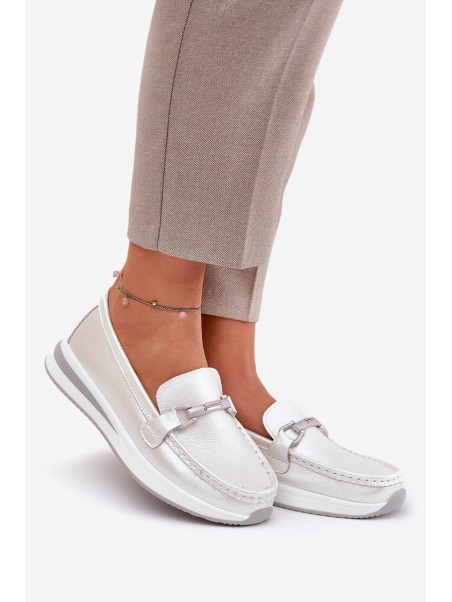 Leather Women's Moccasins With Decoration D&A LR51-966 Silver