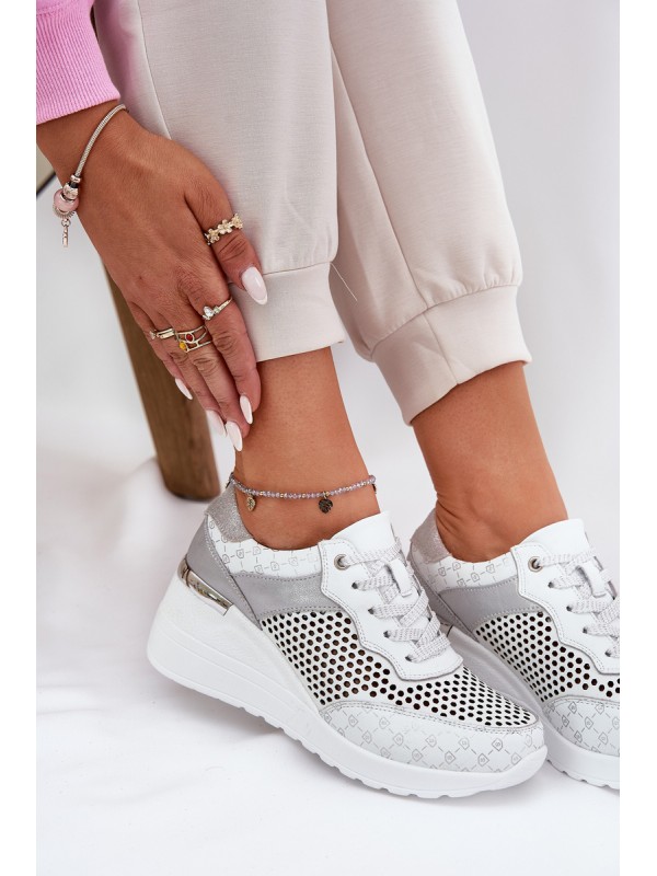Leather Perforated Sports Shoes Sneakers On Wedge White S.Barski LR51-641