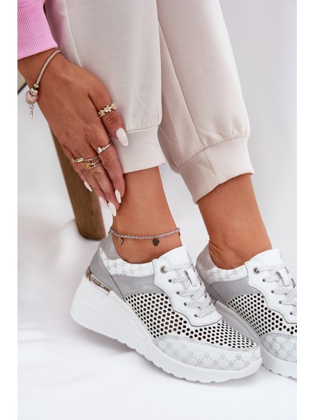 Leather Perforated Sports Shoes Sneakers On Wedge White S.Barski LR51-641