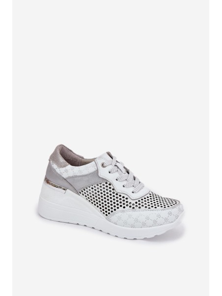 Leather Perforated Sports Shoes Sneakers On Wedge White S.Barski LR51-641